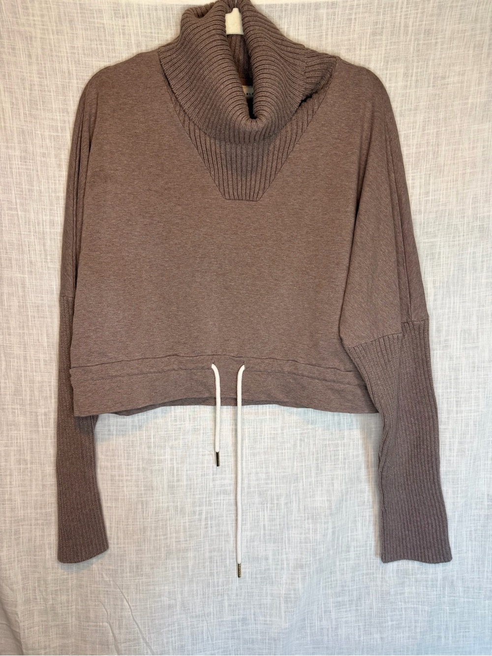 Varley Ramsay Taupe Cropped Cowlneck Drawstring Sweater L Quiet Luxury
